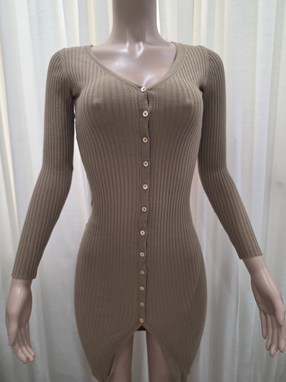 The Group Babaton Ribbed Button Front Mini Dress Taupe Brown XS Aritzia